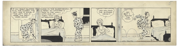 Chic Young Hand-Drawn Blondie Comic Strip From 1935 Titled A Regular Bloodhound -- Blondie Uses Dagwoods Slipper for a Hammer